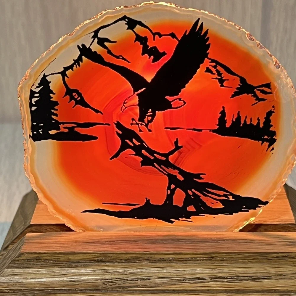 Vintage Rustic Eagle In Flight Pine Tree Mountain Mini Table Accent Lamp Decor